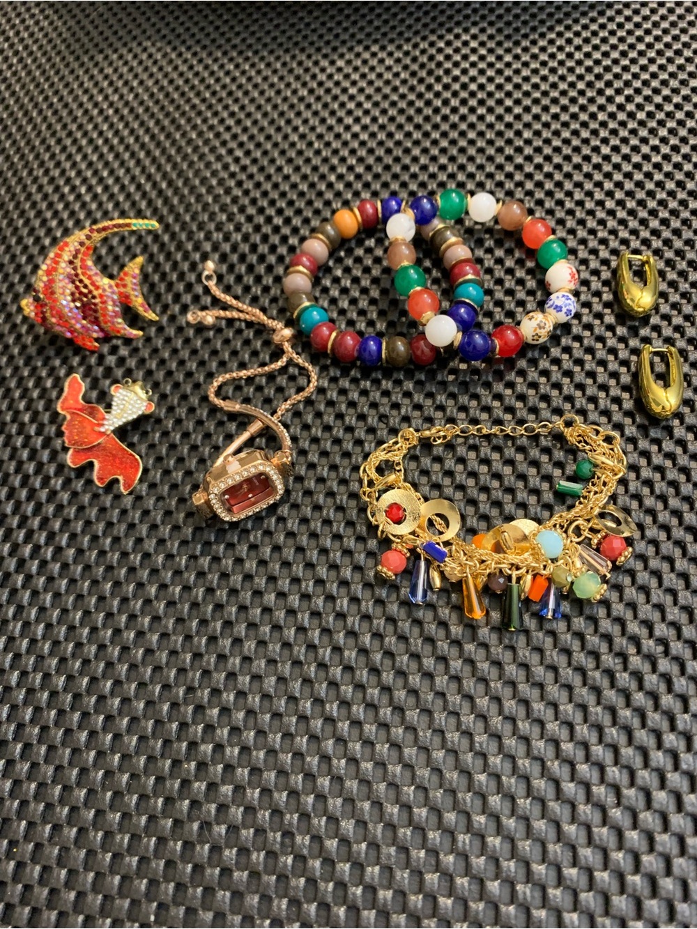 Colorful Beaded Bracelets, Pin, watch & Earrings- Multicolor